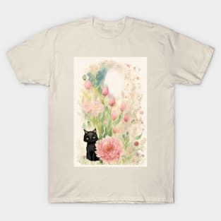 Black Kitty in Flower Garden Soft Pastel Colors T-Shirt